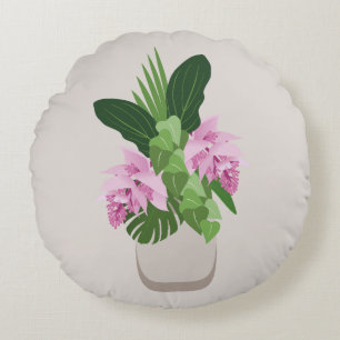 Tropical Medinilla Pink Flower in Beige Vase Round Pillow