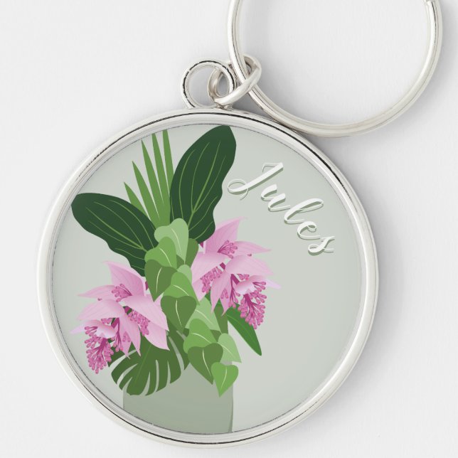 Tropical Medinilla Pink Flower Vase on Green Name Keychain (Front)