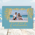Tropical Mele Kalikimaka Christmas Photo Holiday Card<br><div class="desc">Glamorous faux gold glitter palm fronds on a turquoise background highlight your favorite photo on these holiday Christmas photo cards. Mele Kalikimaka and your names on the bottom in chic lettering. High Definition for best quality. MORE COLORS and multi-photo style done for you in our collection.</div>
