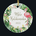 Tropical Mele Kalikimaka Hawaiian Photo Ceramic Ornament<br><div class="desc">Tropical Mele Kalikimaka Hawaiian Photo Ceramic Ornament Cute watercolor Hawaiian holiday ornament is the perfect Christmas vacation keepsake. The front features a pink flamingo with lights and botonical palm leaves and on the back you can easily replace the photo with a picture of your own. The front text Mele Kalikimaka...</div>