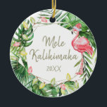 Tropical Mele Kalikimaka Hawaiian Photo Ceramic Ornament<br><div class="desc">Tropical Mele Kalikimaka Hawaiian Photo Ceramic Ornament Cute watercolor Hawaiian holiday ornament is the perfect Christmas vacation keepsake. The front features a pink flamingo with lights and botonical palm leaves and on the back you can easily replace the photo with a picture of your own. The front text Mele Kalikimaka...</div>