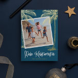 Tropical Mele Kalikimaka Photo Foil Holiday Card<br><div class="desc">Modern hawaiian christmas card featuring a deep blue background,  a square family photo,  real gold foil palm trees,  the seasons greetings "mele kalikimaka",  and your family name. The foil in this design can be change to silver or rose gold.</div>