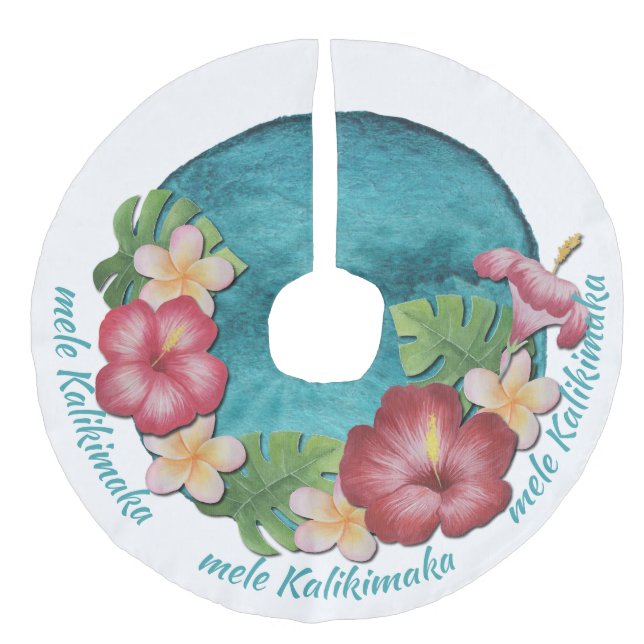 Tropical mele Kalikimaka Teal White Christmas Faux Linen Tree Skirt (Front)