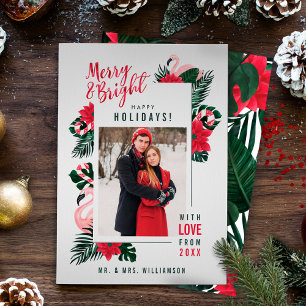 Tropical Merry & Bright Flamingo Candy Cane Photo Holiday Card