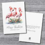 Tropical Merry Christmas Holiday Card<br><div class="desc">Celebrate the holidays with a bit of surf and sand with this festive print featuring three pink flamingos wearing Santa hats and ornament accents at the base. Wish your loved ones a happy holiday season in beachy style. Whether you live in a beach or tropical location like Florida, Hawaii, the...</div>