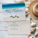 Tropical Merry Christmas Ocean Beach Postcard<br><div class="desc">Tropical Christmas greeting,  affordable postcard.  Customize all text with the ocean and beach sand as the background image.  Starfish and holly also decorate the front,  with a place to add a message and signature to the back.</div>