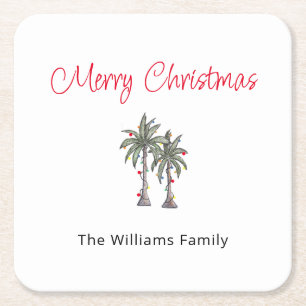 Tropical Merry Christmas Palm Trees Beach  Square Paper Coaster