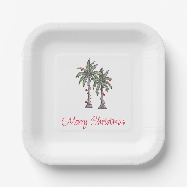 Tropical Merry Christmas Party Palm Trees  Paper Plates (Front)