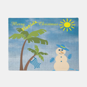 Tropical Merry Florida Christmas Snowman on Beach Doormat