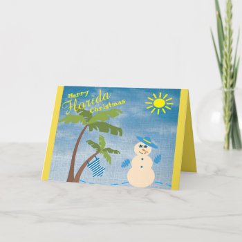 Tropical Merry Florida Christmas Snowman On Beach Holiday Card by Sozo4all at Zazzle