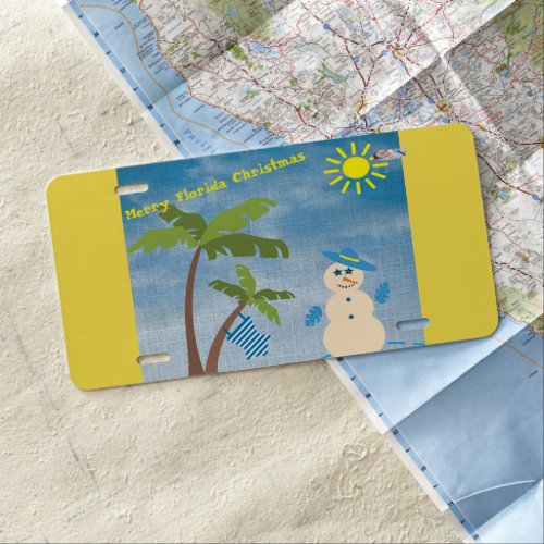 Tropical Merry Florida Christmas Snowman on Beach License Plate