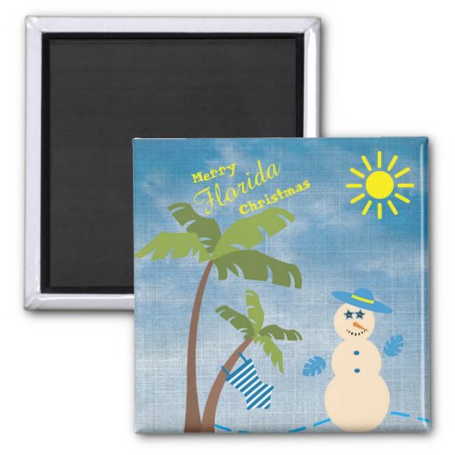 Tropical Merry Florida Christmas Snowman on Beach Magnet