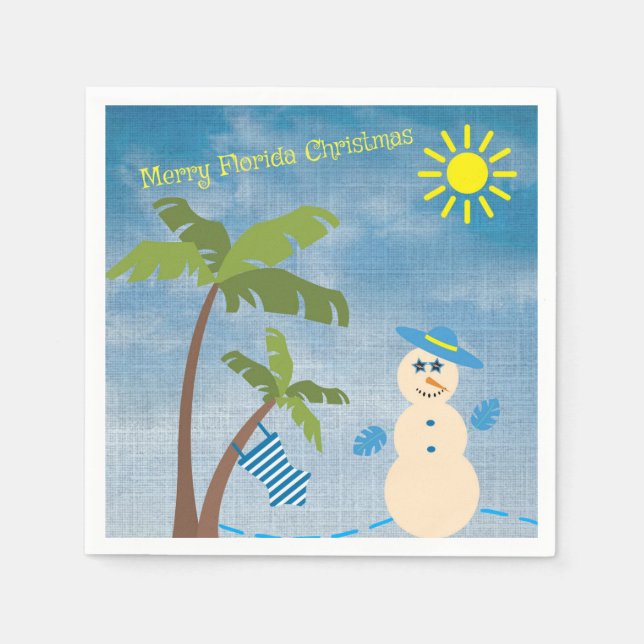 Tropical Merry Florida Christmas Snowman on Beach Napkins (Front)