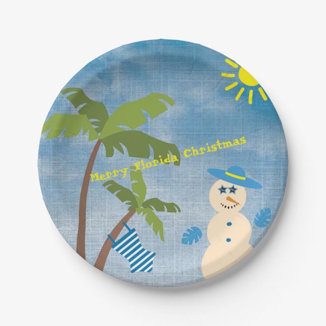 Tropical Merry Florida Christmas Snowman on Beach Paper Plates (Front)