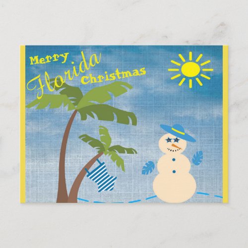 Tropical Merry Florida Christmas Snowman on Beach Postcard