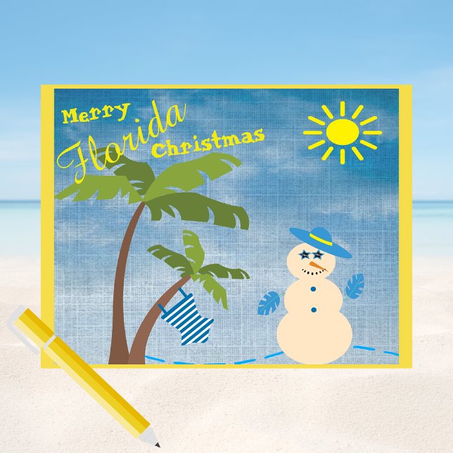 Tropical Merry Florida Christmas Snowman on Beach Postcard (Creator Uploaded)