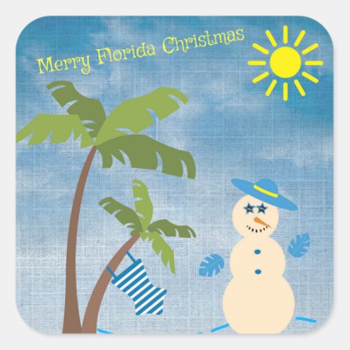 Tropical Merry Florida Christmas Snowman on Beach Square Sticker