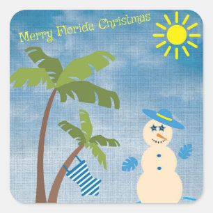 Tropical Merry Florida Christmas Snowman on Beach Square Sticker