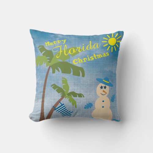 Tropical Merry Florida Christmas Snowman on Beach Throw Pillow