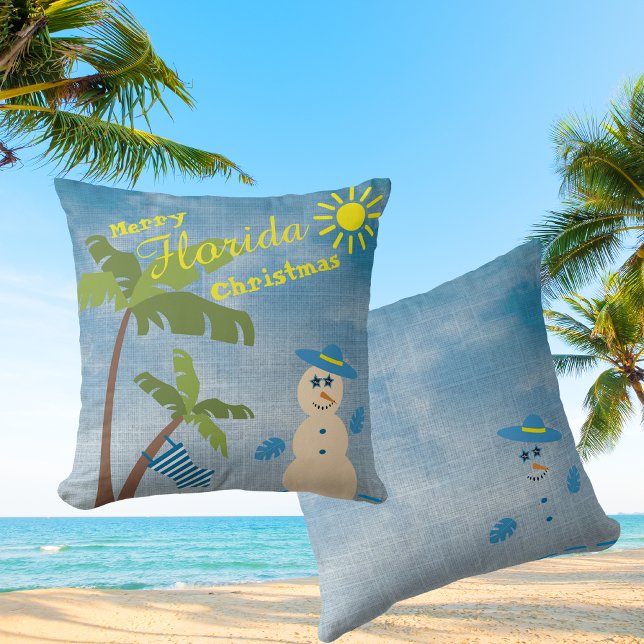 Tropical Merry Florida Christmas Snowman on Beach Throw Pillow (Creator Uploaded)