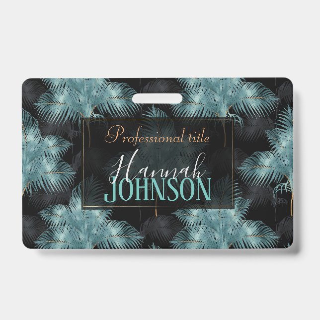 Tropical Metallic Blue & Gold Palm Leaves Summer Badge (Front)