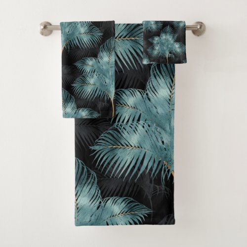 Tropical Metallic Blue  Gold Palm Leaves Summer Bath Towel Set