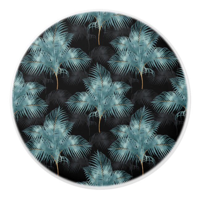 Tropical Metallic Blue & Gold Palm Leaves Summer Ceramic Knob (Front)