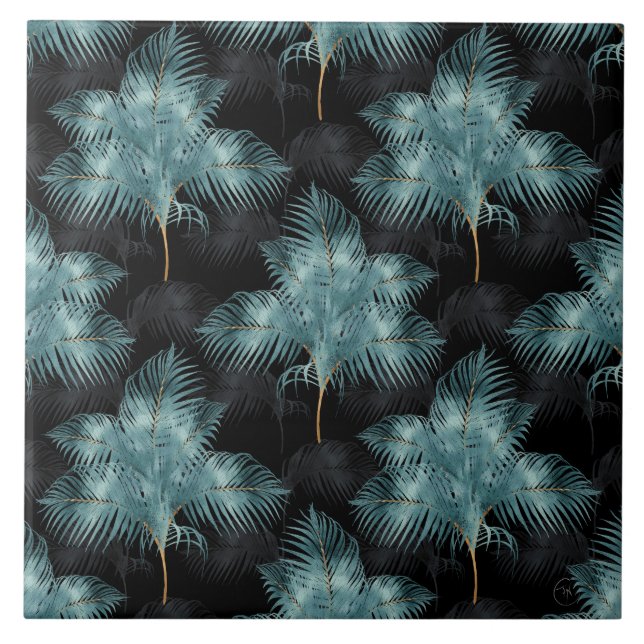 Tropical Metallic Blue & Gold Palm Leaves Summer Ceramic Tile (Front)
