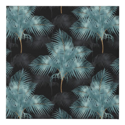 Tropical Metallic Blue  Gold Palm Leaves Summer Faux Canvas Print