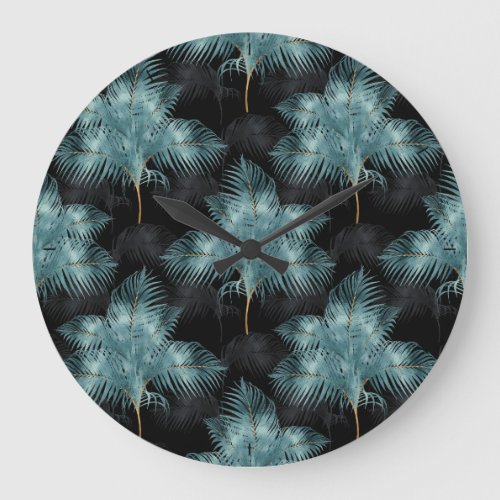 Tropical Metallic Blue  Gold Palm Leaves Summer Large Clock