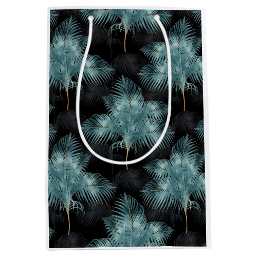 Tropical Metallic Blue  Gold Palm Leaves Summer Medium Gift Bag