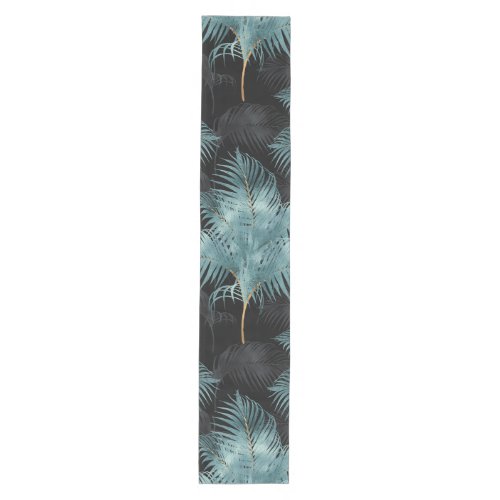 Tropical Metallic Blue  Gold Palm Leaves Summer Medium Table Runner