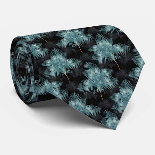 Tropical Metallic Blue  Gold Palm Leaves Summer Neck Tie