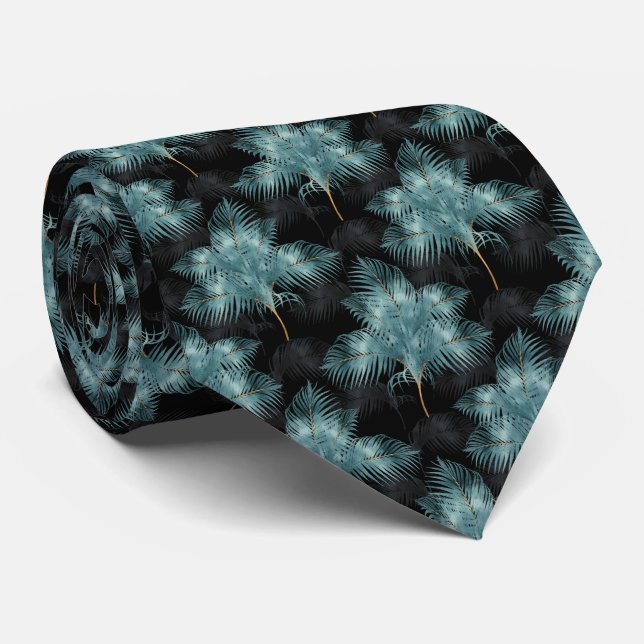 Tropical Metallic Blue & Gold Palm Leaves Summer Neck Tie (Rolled)