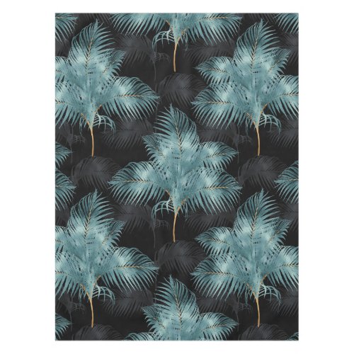 Tropical Metallic Blue  Gold Palm Leaves Summer Tablecloth