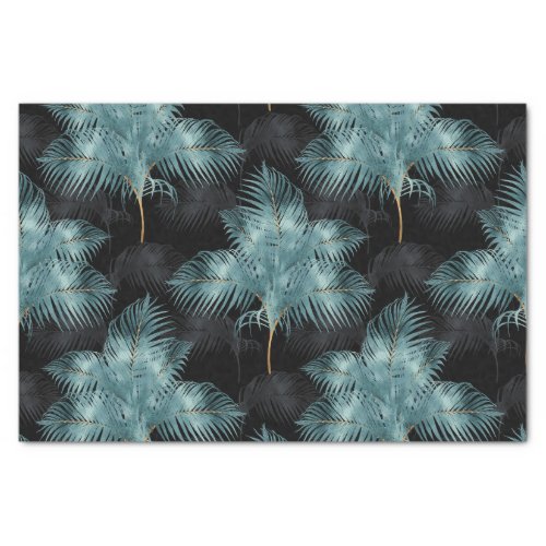 Tropical Metallic Blue  Gold Palm Leaves Summer Tissue Paper