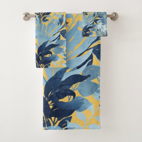 Tropical Metallic Blue Yellow Foliage Design Bath Towel Set