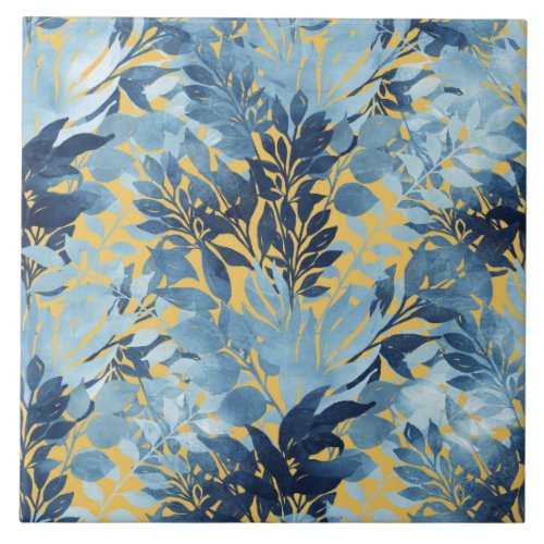 Tropical Metallic Blue Yellow Foliage Design Ceramic Tile