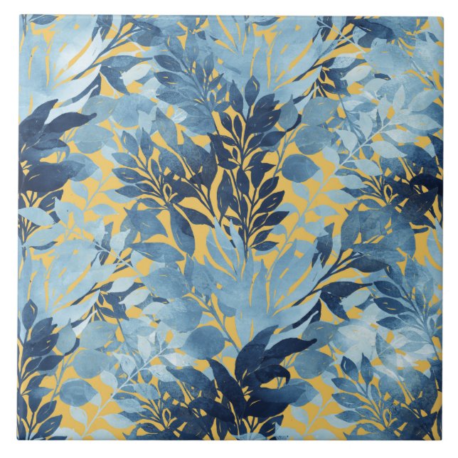 Tropical Metallic Blue Yellow Foliage Design Ceramic Tile (Front)