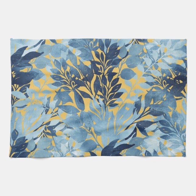 Tropical Metallic Blue Yellow Foliage Design Kitchen Towel (Horizontal)