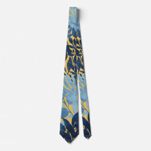 Tropical Metallic Blue Yellow Foliage Design Neck Tie