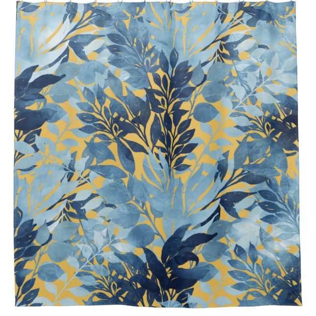 Tropical Metallic Blue Yellow Foliage Design Shower Curtain (Front)
