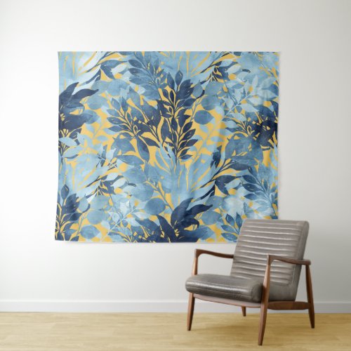 Tropical Metallic Blue Yellow Foliage Design Tapestry