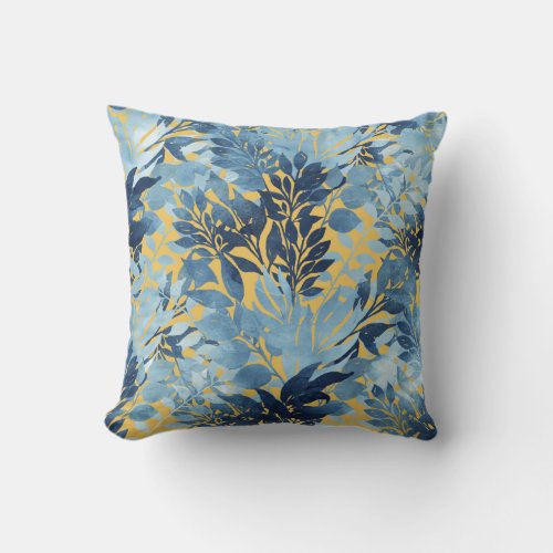 Tropical Metallic Blue Yellow Foliage Design Throw Pillow