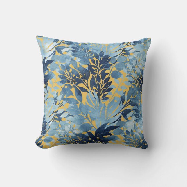 Tropical Metallic Blue Yellow Foliage Design Throw Pillow (Front)