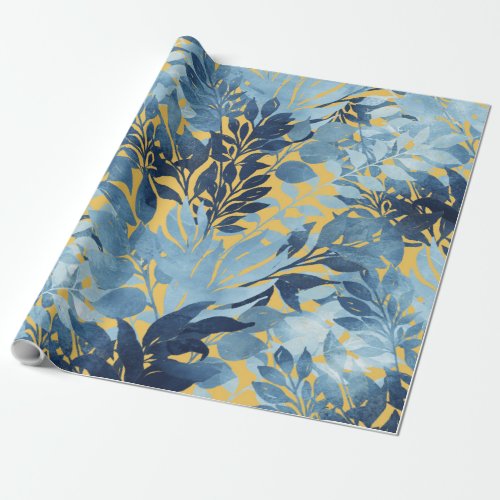 Tropical Metallic Blue Yellow Foliage Design Wrapping Paper