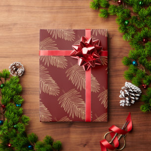 Tropical Metallic Gold Palm Leaves, Burgundy Wrapping Paper