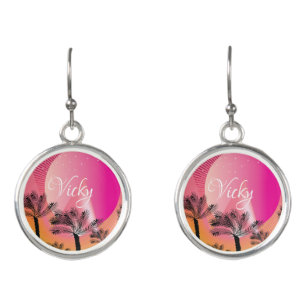 Tropical Minimalist Pink Sunset Name Earrings