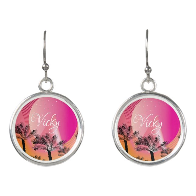 Tropical Minimalist Pink Sunset Name Earrings (Front)