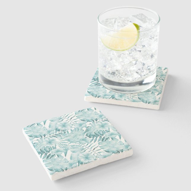 Tropical Mint Aqua Flowers Stone Coaster (Side)